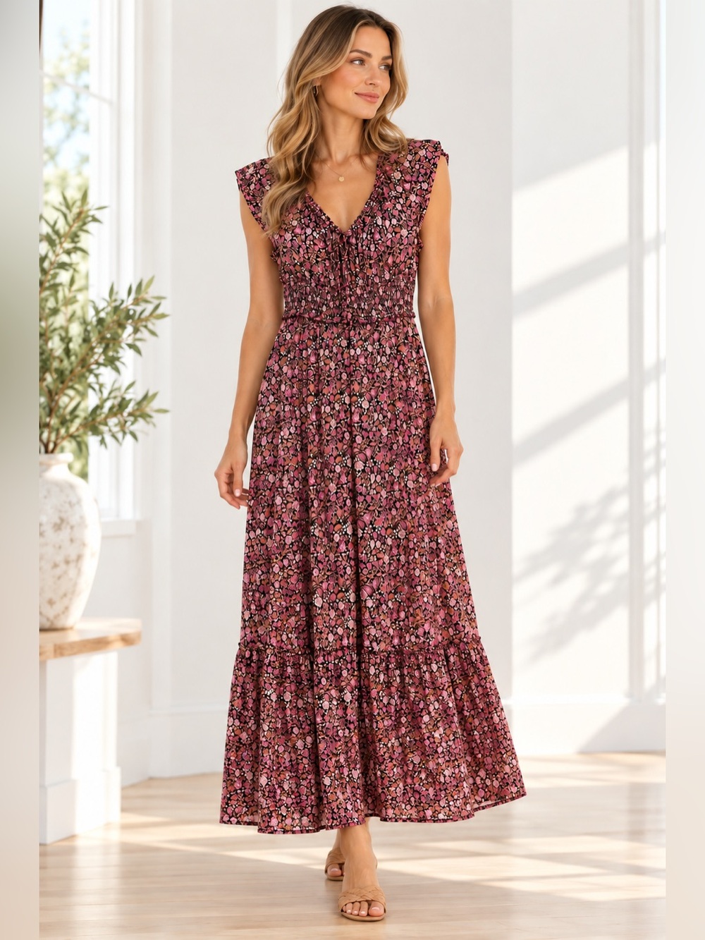 Old Navy Rose-Pink Floral Smocked Maxi Dress